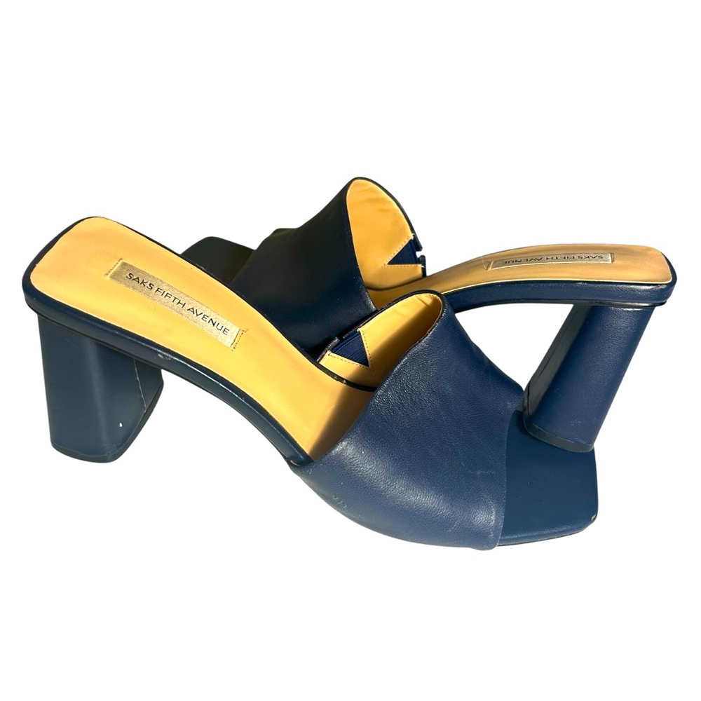 Saks Fifth Avenue Taylor Navy Blue Block Heel Leather Slides Womens 9.5